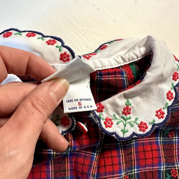 Vintage Osh Kosh Floral Plaid Button Up w/ Embroidered Scalloped Collar Sz 6 - Picture 6 of 9